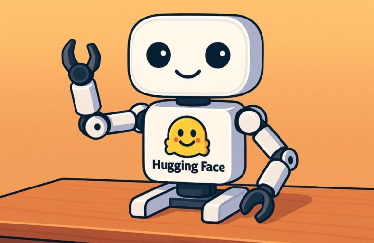 Robot Hugging Face en escritorio cálido