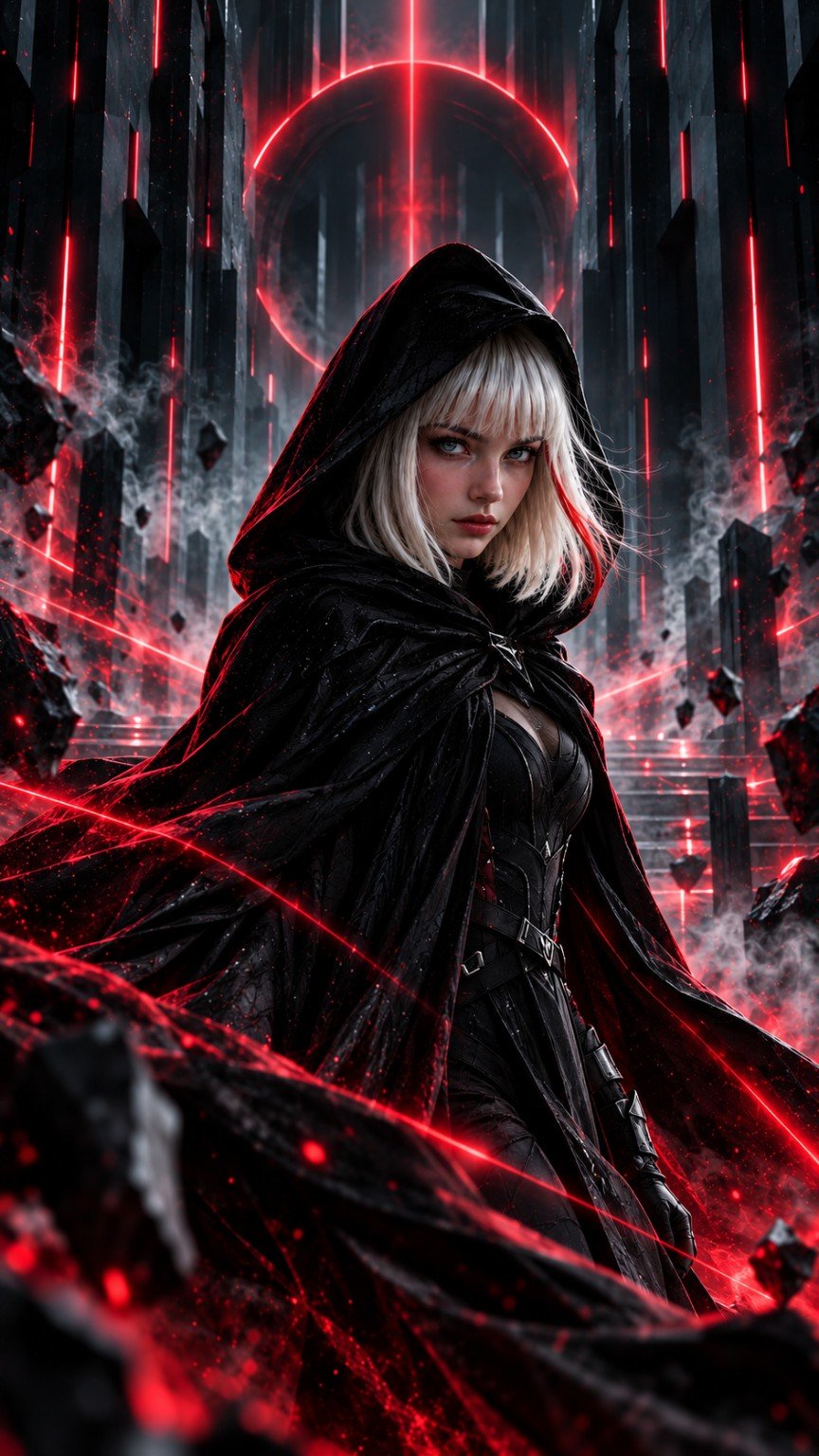 Mørka en un escenario de fantasía con luces rojas