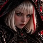 Retrato de Mørka con capucha negra y luces rojas