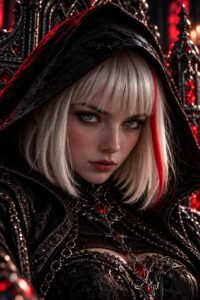 Retrato de Mørka con capucha negra y luces rojas